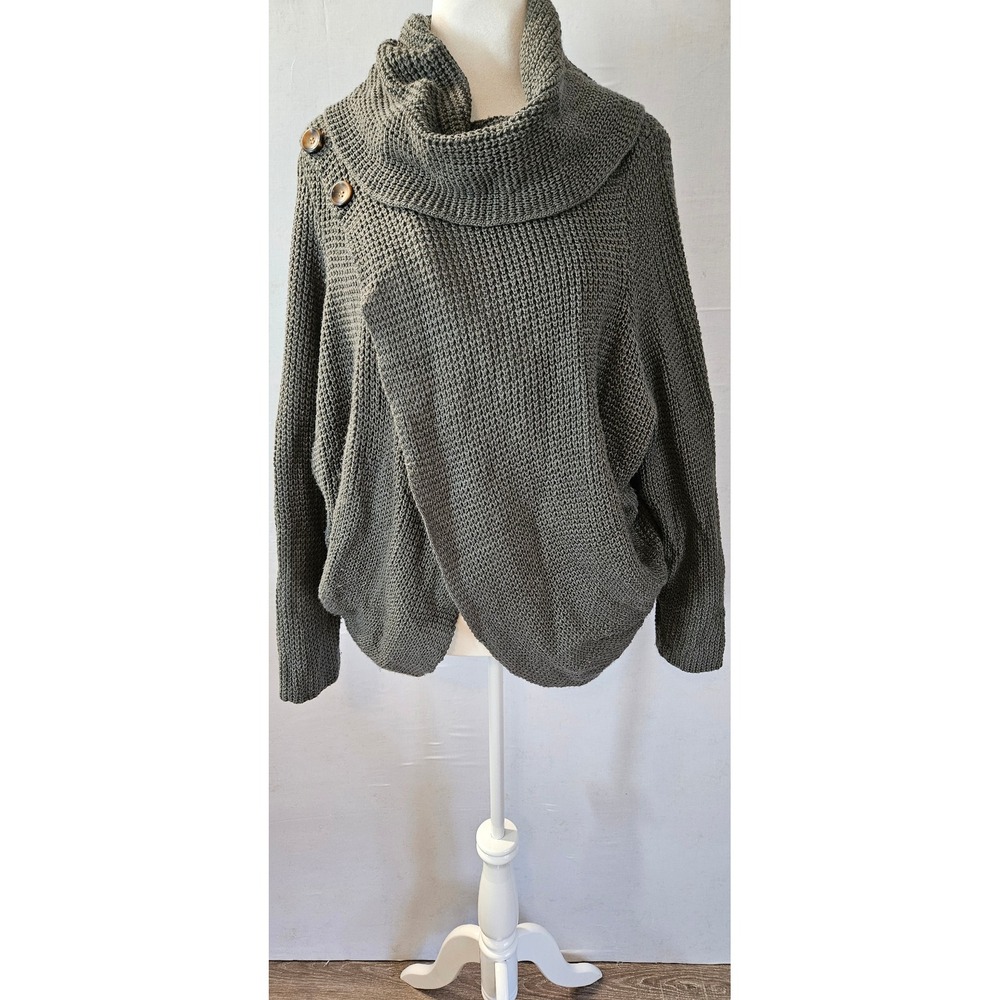 Kate & Sam Womens XXL Gray Cowl Neck Button Wrap Front Waffle Knit Sweater